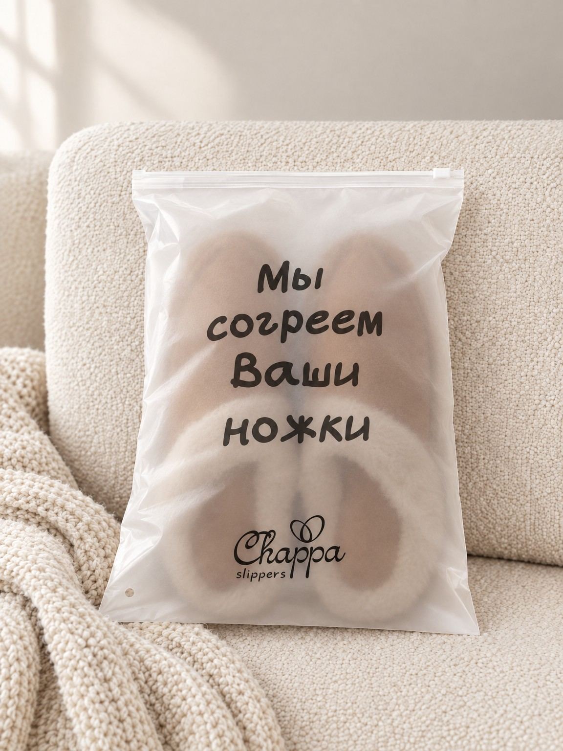 Меховые тапочки в фирменном матовом пакете с лентой рядом с новогодней открыткой